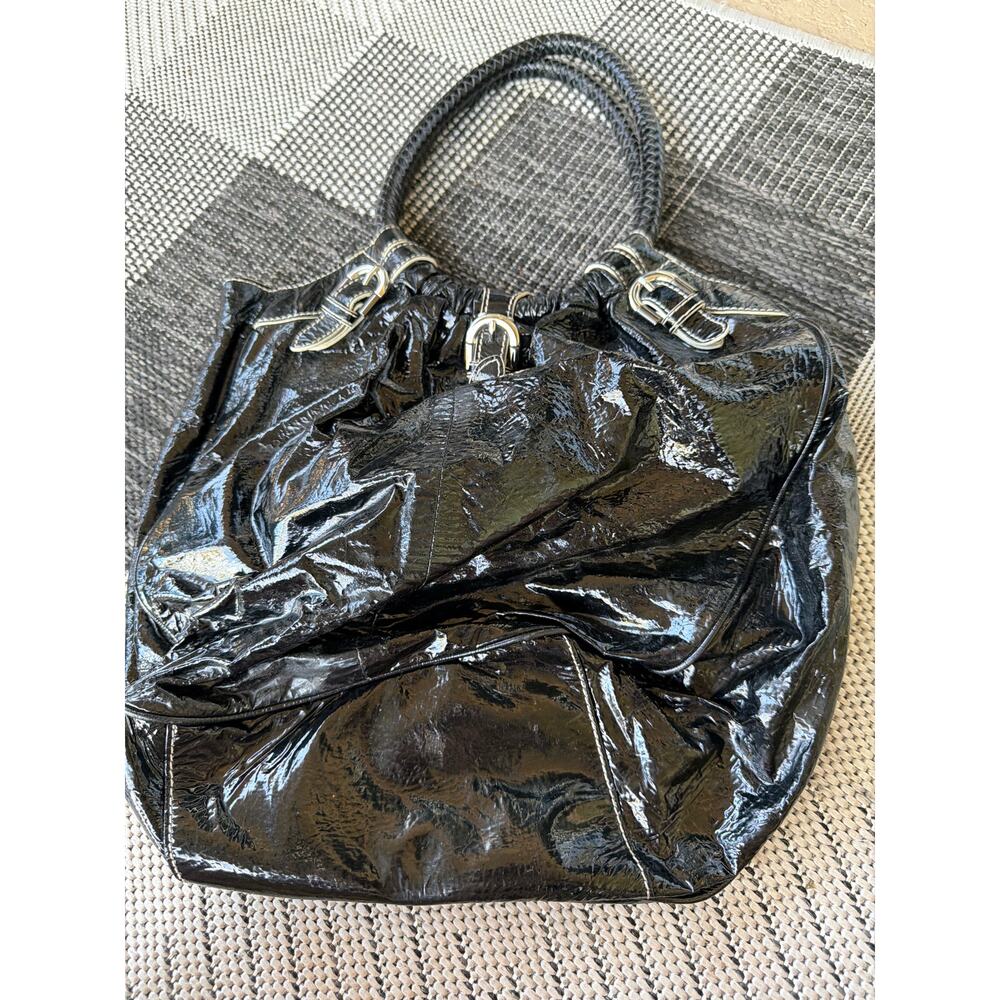 Badgley Mischka Black Patent Leather Handbag Braided Handle Y2K Goth 00s Tote - Picture 2 of 6